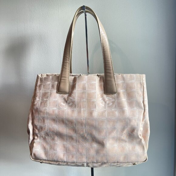 CHANEL Vintage Travel Line MM Jacquard & Leather Tote Bag Pink/Beige - Preowned - Picture 1 of 15